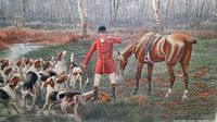 Hunting scene print with rider in red coat, multiple hunting dogs, and horse near a wooded stream.