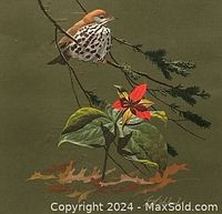 Close-up of bird sitting on a branch with red flower and leaves, showing detail of lithograph