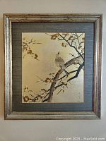 Framed Japanese Chokin style artwork showing the full front view of the bird on bamboo scene with floral elements, emphasizing the overall condition and frame.