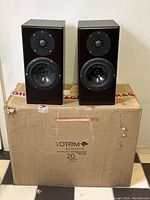 Front view of both speakers on original Totem Acoustic box