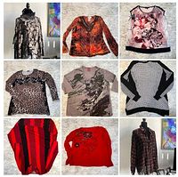 Overview collage of nine women's tops including knits and blouses in various patterns and colors.