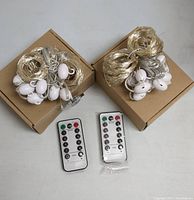 Top view of two boxes of curtain LED string lights along with two remote controls placed on top of cardboard boxes on a white surface.
