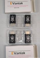 Front view of two black Evanlak branded bidirectional HDMI adapters in clear plastic inserts with partial view of white Evanlak branded packaging.