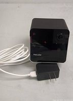 Petcube Play 2 pet camera standing upright with white cable and black USB power adapter