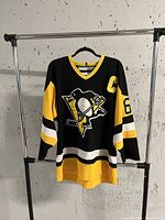 Black Pittsburgh Penguins hockey jersey with large front logo, captain patch and number 66 on sleeves and front.
