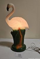 Front view of the vintage flamingo blow mold table light illuminated and glowing softly.