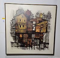 Full view of the large framed silkscreen print showing Cannery Row buildings with various signage.