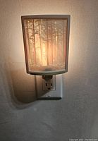 Illuminated porcelain lithophane nightlight plugged into a wall outlet, showing detailed tree forest scene in warm light.
