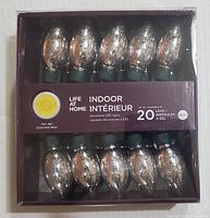 Box containing 20 indoor decorative LED lights with metallic finish bulbs and green bases, original packaging labeled 'Life at Home Indoor Decorative LED Lights'.