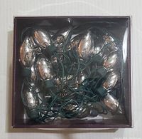Boxed set of indoor decorative LED string lights with silver-toned antique style bulb covers on green wiring.