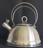 Side view of 1980s stainless steel whistling kettle showing the double wire removable handle and whistle spout.