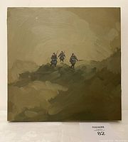 Front view of square oil painting showing three soldiers on a ridge against olive-beige background