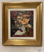 Front view of the framed painting showing floral arrangement with violin and open book.