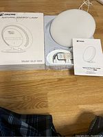 Fascare Natural Energy Lamp model GLD-1005 with original box, remote, and user manual displayed on wooden surface.