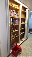 Shelf with various cleaning products and red mop with bucket on floor