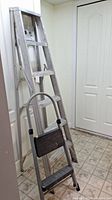 Two ladders placed leaning against a wall: one is a 6-foot aluminum extension ladder and the other is a 2-step ladder with black steps and a white frame with a handrail.