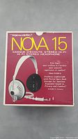 Original product box for Realistic NOVA 15 HiFi stereo headphones showing product name and features details.
