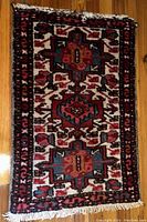 Full view of the Persian area rug showing the overall design, colors, and fringed edges.