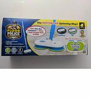 Product box showing BulbHead Floor Police Motorized Spin Mop, highlighting cordless rechargeable feature, compatibility with hardwood, laminate, and tile floors, and included accessories like mop, pole, and 6 pads.