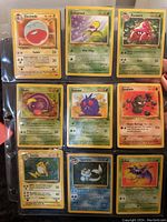 First photo showing 9 Pokémon cards including Electrode, Bellsprout, Parasect, Ekans, Venonat, Geodude, Raichu, Vaporeon, and Zubat.