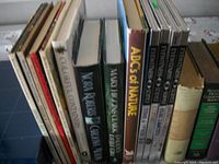 Wide angle of miscellaneous books on a table, mostly nature and history themed titles including Eyewitness series and ABC's of Nature.