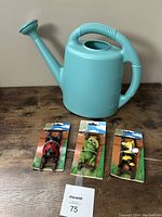 Full view of the turquoise watering can and three packaged hanging pot accessories on a wooden surface against a beige wall.