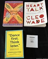 Front view of three books The Mastery of Love, Heart Talk, and Dance First, Think Later laid flat on black surface.