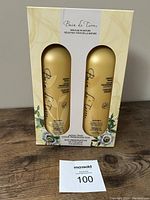 Front view of Bain de Terre shampoo and conditioner duo set in original box showing product name and gold bottles.