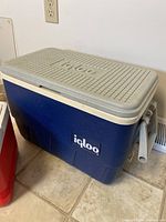 Large blue Igloo cooler with grey lid, showing side handle and textured top with logo