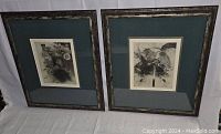 Front view of two framed lithographs depicting detailed surrealistic scenes, with rustic frames and green mats.