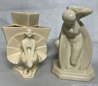 Two antique European Art Deco pottery pieces side by side, a planter and a figurine with crackle glaze and aged surface.