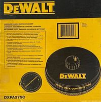 Packaged box with DeWalt branding and product details describing the surface cleaner's features and model number DXPA37SC.