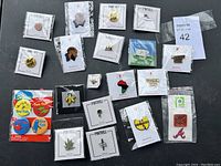 Full overview of pin collection including Dr. Seuss pins, cultural and political symbols, and sports logos in original packaging on a black surface.