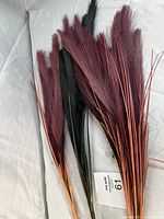 Multiple artificial decorative grass stems in burgundy and black colors arranged on a white background to show overall look and colors.