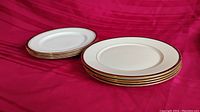 Eight dinner plates divided into two stacks showing different gold rim designs.