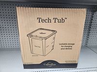 Box front showing Copernicus Tech Tub branding and product image with lockable storage for charging devices