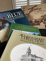 Four local history books shown with front covers visible: Thornbury Remembered 1887-1987, Blue Mountain, Collingwood Historic Homes and Buildings, A Collingwood Collection with drawings by Nick Hodson.