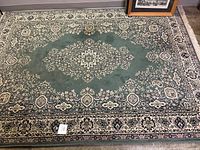 Full view of rectangular area rug showing central floral medallion pattern and bordered edges.