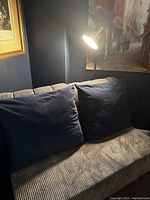 Two large dark blue velvet cushions on a striped sofa, showing material texture and size relative to furniture.
