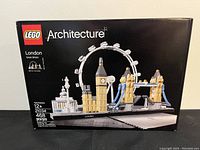 Front box of unopened LEGO Architecture London set showing assembled landmarks and piece count.
