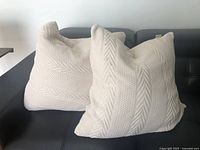 Two cream textured cushions on a dark-colored couch, showing pattern and size clearly.