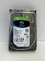Front view of Seagate SkyHawk 6TB internal hard drive showing label details and branding.