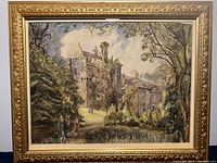 Full view of the framed watercolour painting showing the Victorian style building, trees, and figures on path.