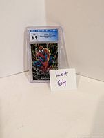 Front of CGC graded Spider-Man Marvel Masterpieces 1992 trading card, showing grade 6.5 and artwork of Spider-Man crouched with web background.