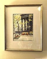Framed watercolor painting of street scene with columns and trees, signed by Louise-Renée Lacroix