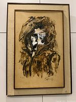 Extra-large abstract mixed media painting featuring a stylized human face, warm earth tones, original bespoke frame with visible age wear.