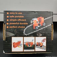 Box packaging showing product features such as ease of use, portability, efficiency, durability, and suitability for chainsaw chain sharpening.