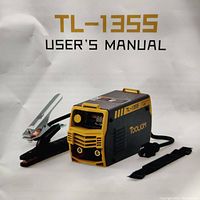 Manual cover showing the TOOLIOM TL-1355 user guide alongside the welder, electrode holder, clamp, and adjustable shoulder strap.