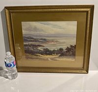 Framed watercolour painting next to a water bottle for size reference