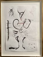 Full-frontal photo of the framed artwork showing the satyr figure and the two insects on Whatman paper with artist inscription.